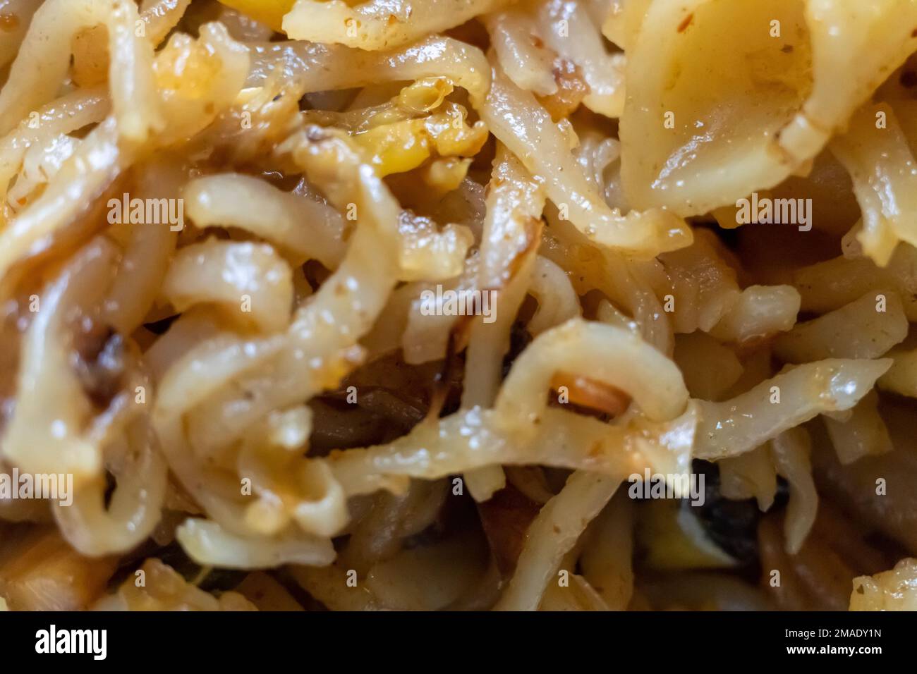 Makroansicht scharfer asiatischer Instantnudeln mit Pasta. Stockfoto