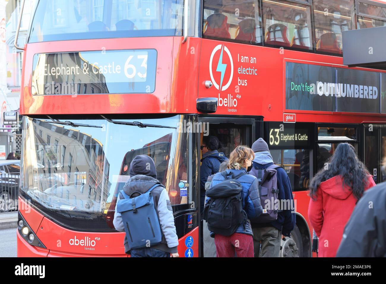 Busfahrten wurden am 19. Januar aufgrund von Abellios Arbeitsstreit in London, Großbritannien, unterbrochen Stockfoto