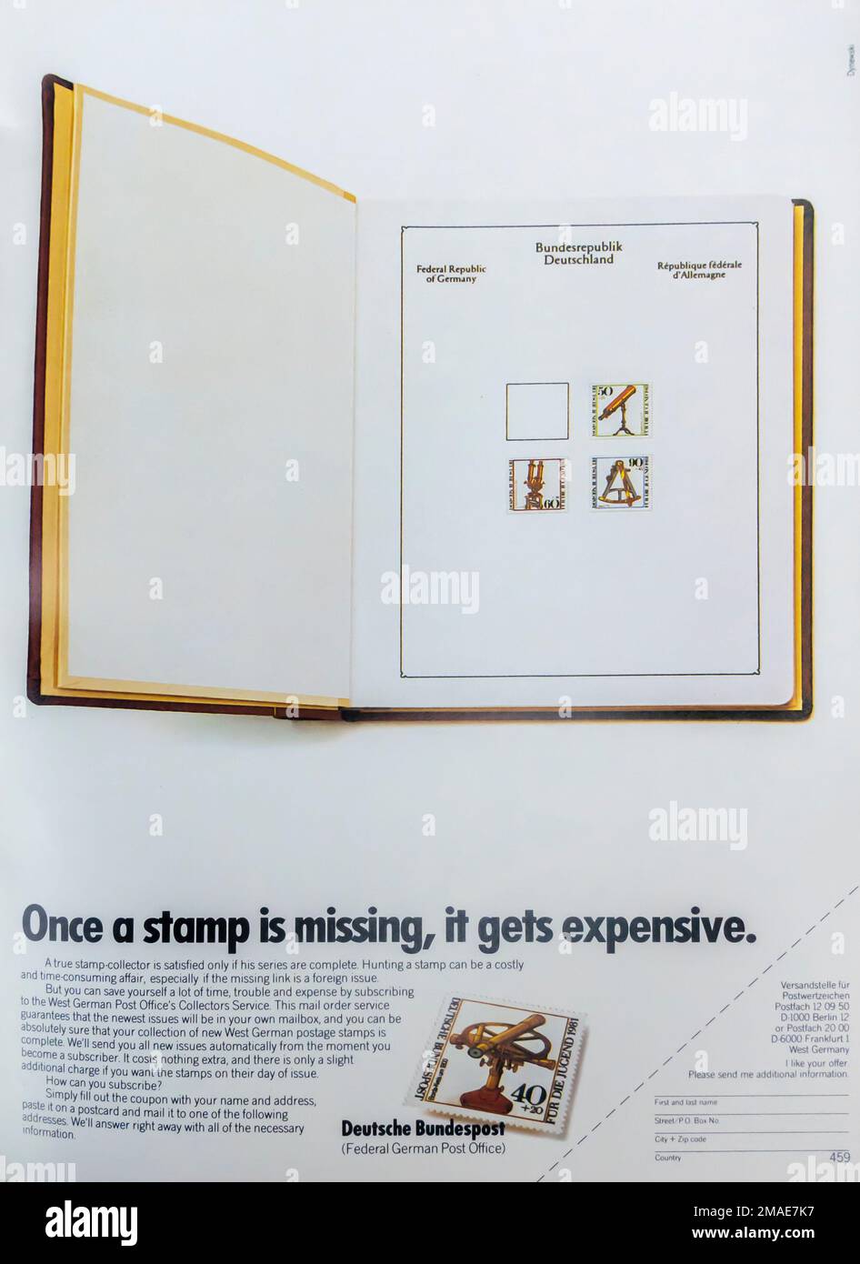 Deutsche Bundespost, deutscher Postwerbespot im Magazin NatGeo, Dezember 1981 Stockfoto