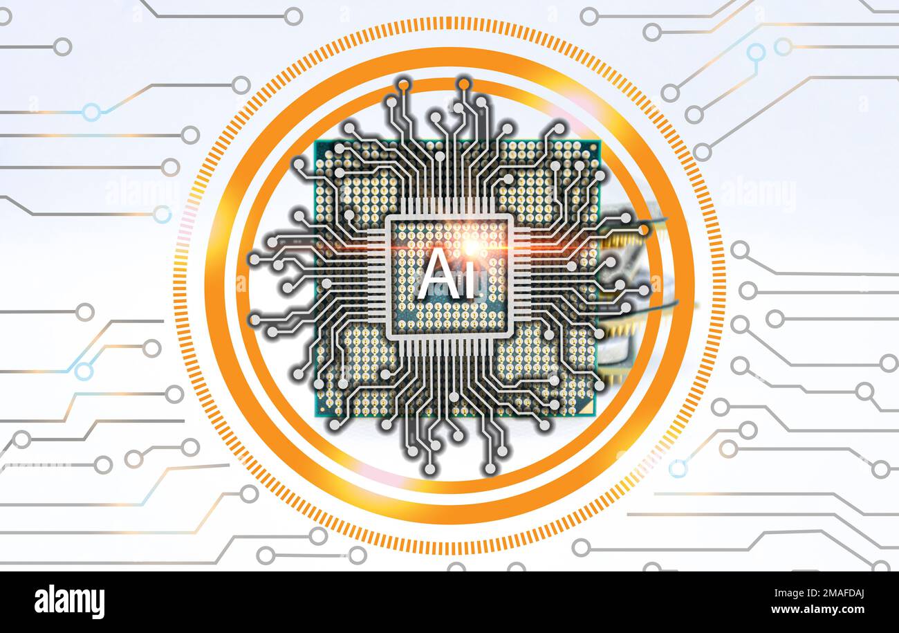 Konzept: CPU, Chip und künstliche Intelligenz arbeiten zusammen. Stockfoto