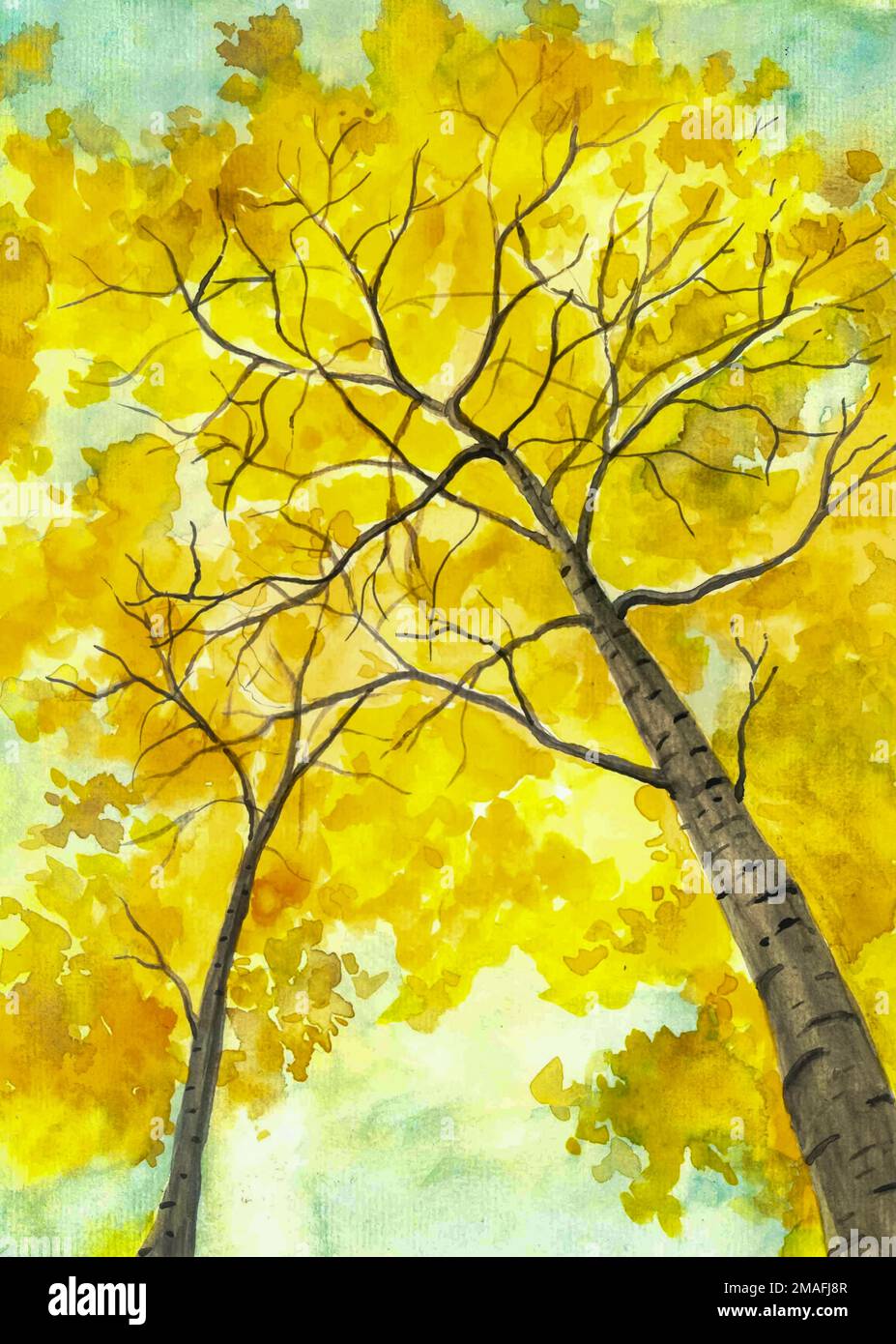 Aquarellmalerei von Eichenblättern im Herbst. Stockfoto