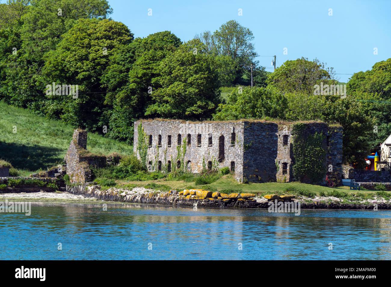 Die Ruinen des Steinkornlagers am Ufer der Clonakilty Bay an einem sonnigen Frühlingstag. Irische Landschaft. Die Ruinen von Arundel Grain Store in der Nähe von Clonakilty Stockfoto