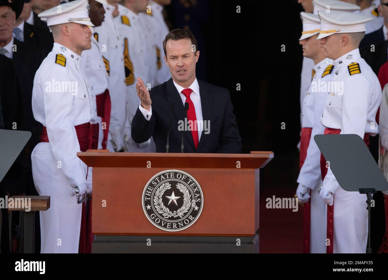 Austin Texas, USA, 17. Januar 2023: Sprecher DES Texas House DADE PHELAN spricht während der Eröffnungszeremonie im Texas Capitol für Gouverneur Greg Abbott (nicht abgebildet). ©Bob Daemmrich Stockfoto