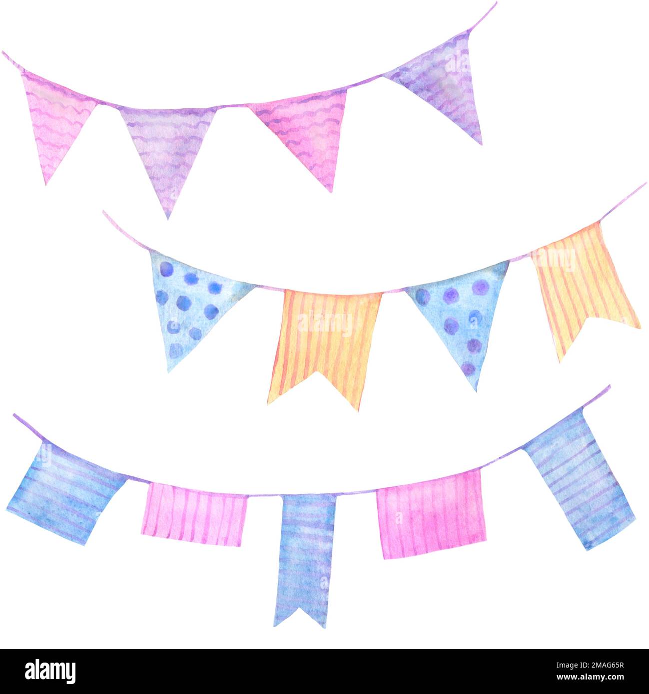 Festliche Girlanden mit bunten Flaggen. Aquarell-Illustration in Pastellfarben für den Urlaub mit Kindern. Fröhlicher Geburtstag. Stockfoto