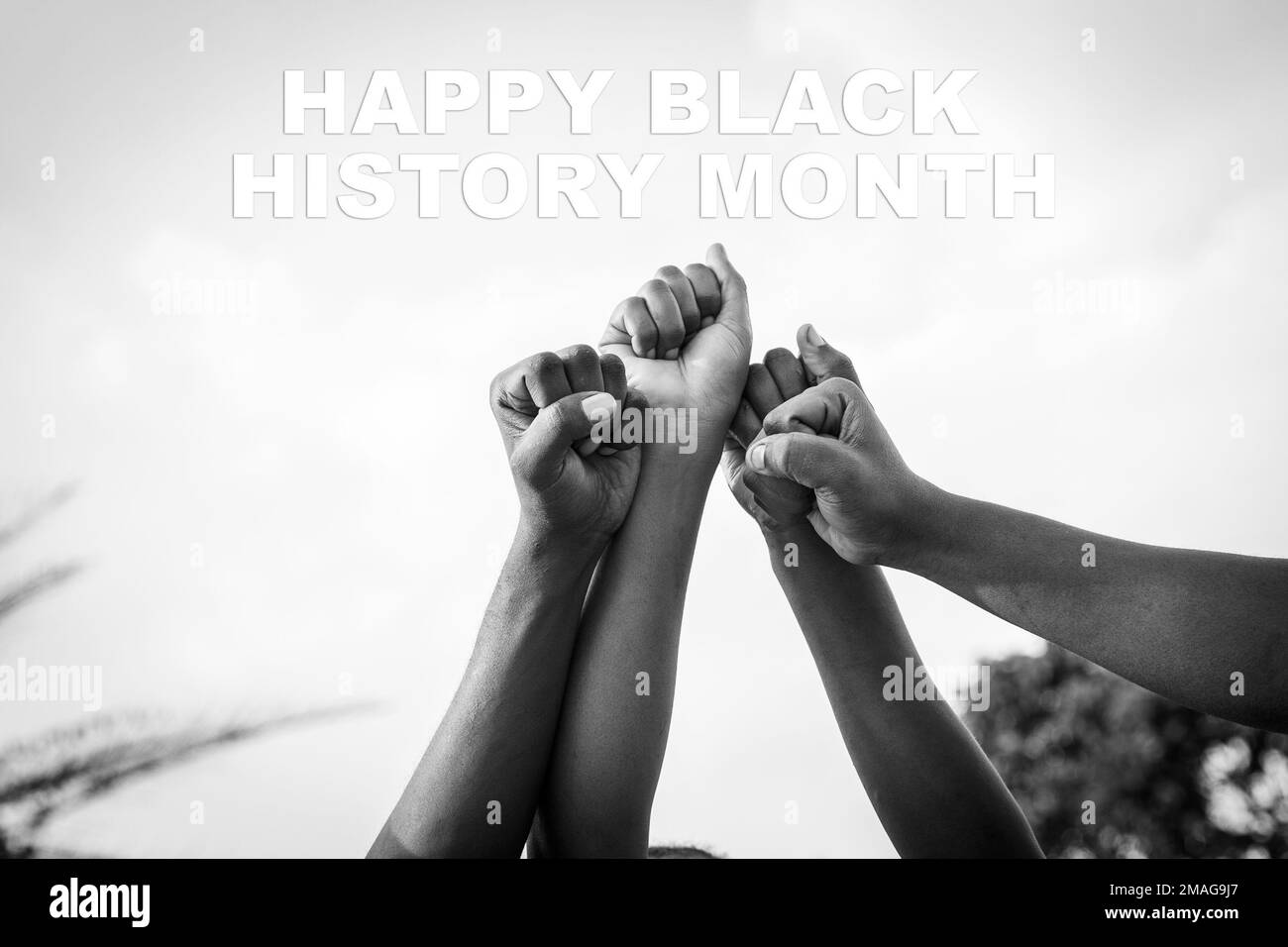 Vier Fäuste afrikanischer Menschen wurden mit den Worten "Happy Black History Month" in den Himmel gehoben, Schwarzweißfoto Stockfoto