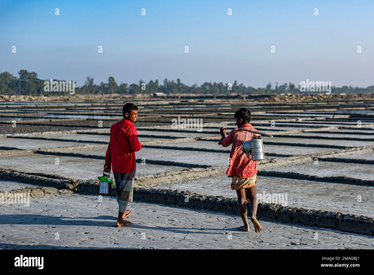 Ein Bauer entlädt Rohsalz auf dem Salzfeld in Chittagong, Bangladesch. Dieses Foto wird am Ziel von Banshkhali Upazila in der Division Chittagong aufgenommen. Die Salzindustrie, eine der größten arbeitsintensiven Hüttenindustrien Bangladeschs, nimmt fast 5 Millionen Menschen direkt oder indirekt auf. Die gesamte Wertschöpfungskette der Salzindustrie in Bangladesch umfasst im Wesentlichen zwei Teilsektoren: Den Raffinierungsprozess, der von Salzmühlen betrieben wird, und den Rohsalzproduktionsprozess, an dem ein erheblicher Teil der Randbauern der Küste Bangladeschs beteiligt ist. ( Stockfoto
