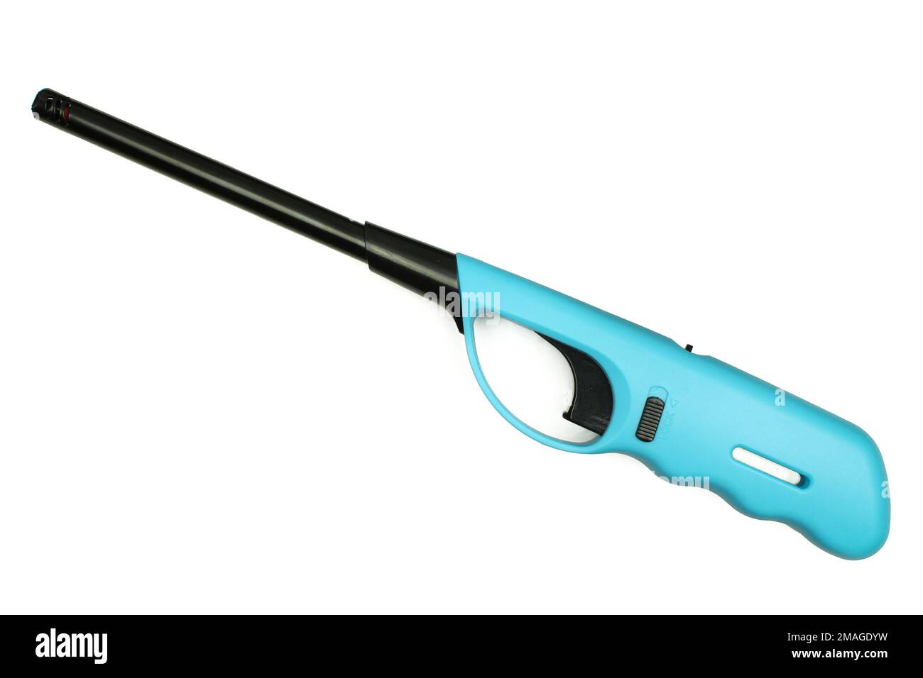 Hellblaue Gasfeuerwaffe isoliert auf weißem Hintergrund. Propan, Butan, Barbecue-Zündung Stockfoto