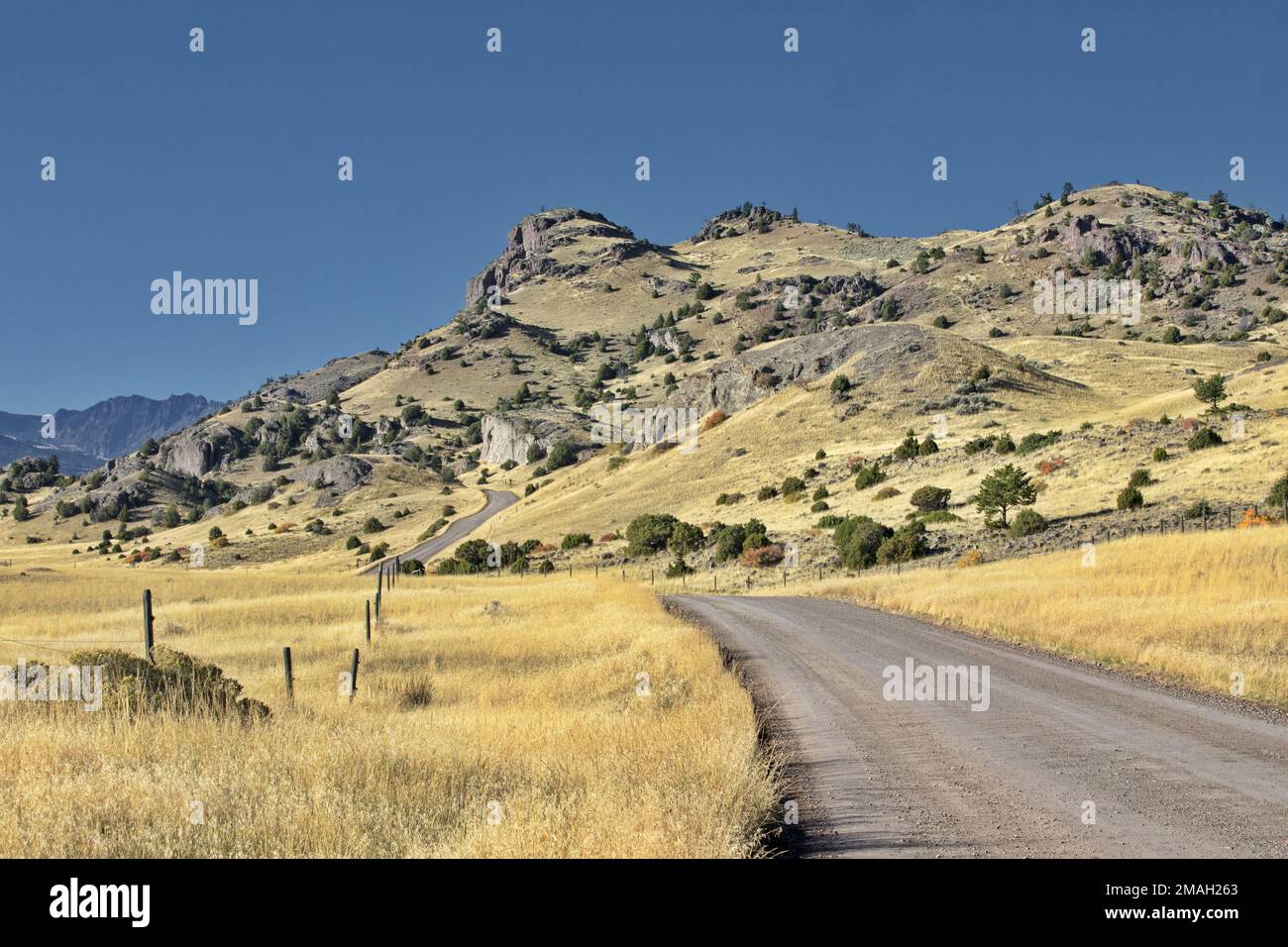 Der amerikanische Westen lockt mit einer steigenden Kurve von Landstraßen, die ein Symbol für lockere Wanderlust ist und von den Hügeln von Montana, USA, akzentuiert wird Stockfoto