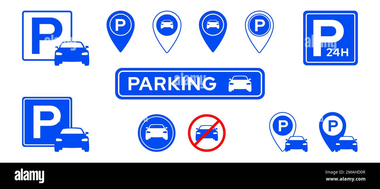 Symbolsatz Parken isoliert. Symbol für Garagenparkplätze. Vektordarstellung Stock Vektor