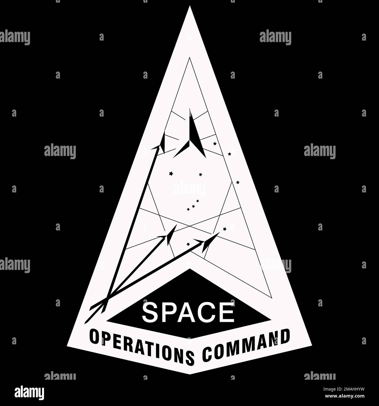 Eine vereinfachte, einfarbige Darstellung des Emblems des Space Operations Command, das für den Druck auf Auszeichnungen, Dokumenten und anderen Produkten vorgesehen ist. Dies ist nicht zu verwechseln mit der offiziellen, farbigen Version des Emblems, das vom Institut Heraldry genehmigt wurde. Für eine Kopie der .png-Version dieser Grafik mit vollständiger Hintergrundtransparenz können sich DoD- und SPOC-Organisationen an HQ SPOC Public Affairs wenden. (USA Space-Force-Grafik von Dave Grim) Stockfoto