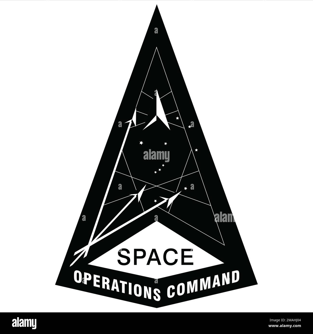Eine vereinfachte, einfarbige Darstellung des Emblems des Space Operations Command, das für den Druck auf Auszeichnungen, Dokumenten und anderen Produkten vorgesehen ist. Dies ist nicht zu verwechseln mit der offiziellen, farbigen Version des Emblems, das vom Institut Heraldry genehmigt wurde. Für eine Kopie der .png-Version dieser Grafik mit vollständiger Hintergrundtransparenz können sich DoD- und SPOC-Organisationen an HQ SPOC Public Affairs wenden. (USA Space-Force-Grafik von Dave Grim) Stockfoto