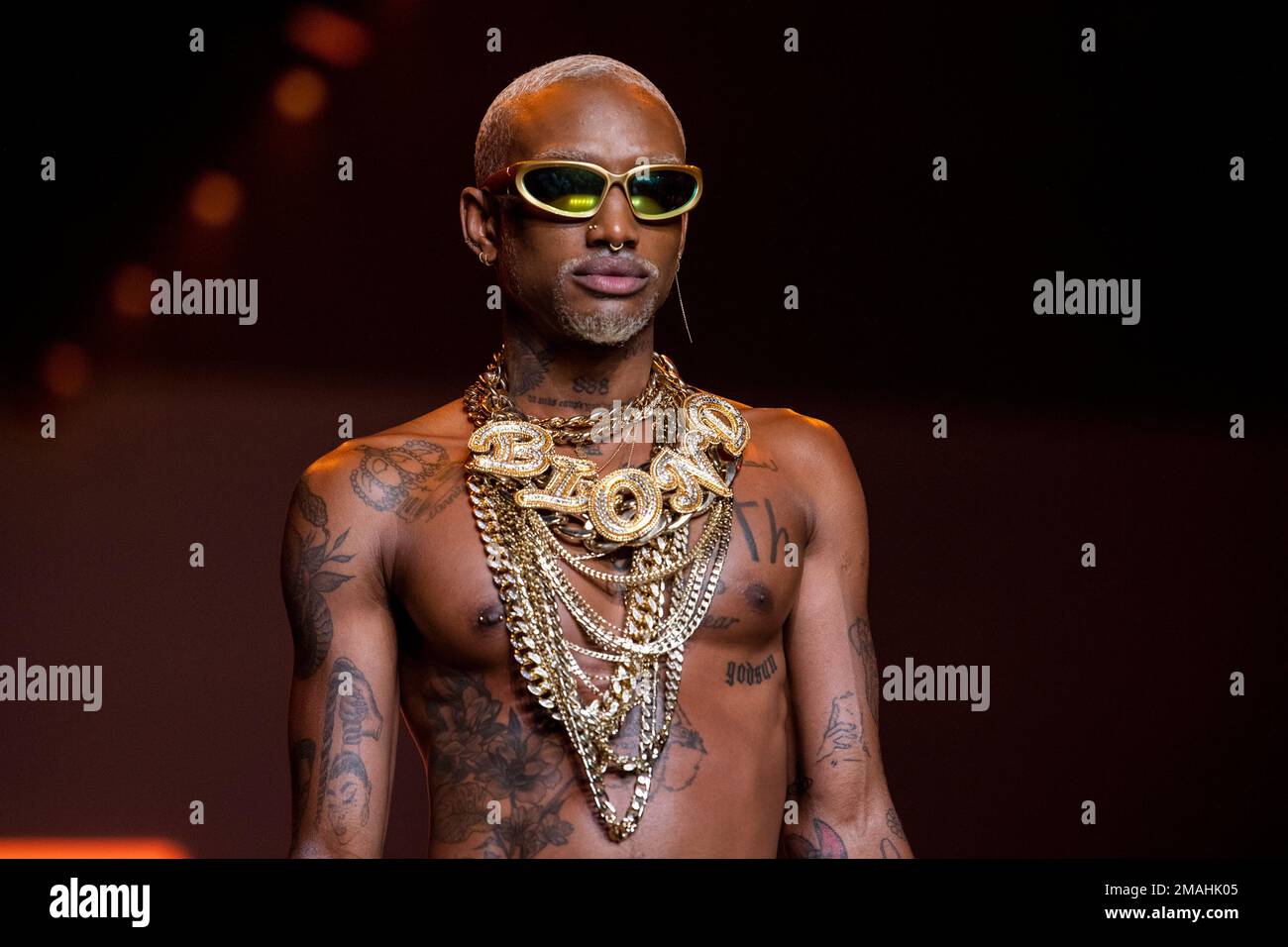 Model Jalen walks the runway at The Blonds fashion show at Spring Place on Wednesday, Sept. 14, 2022, in New York. (AP Photo/Brittainy Newman) Stockfoto