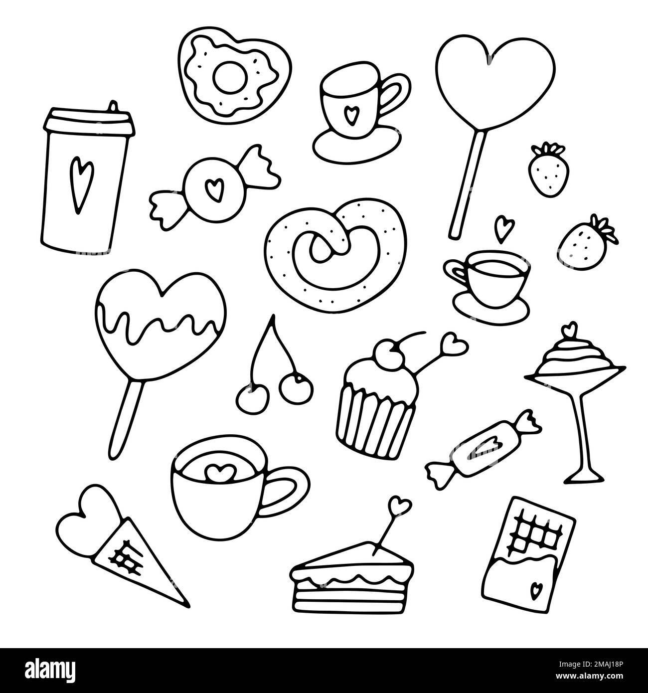 Doodle Valentinsgeschenk Süßigkeiten, Kaffeeset. Handgezeichnete Desserts mit süßen Herzen. Eine Übersicht über festliche Süßigkeiten, Kuchen, Getränke, Beeren, Eiscreme, Donut, Schokolade Stock Vektor