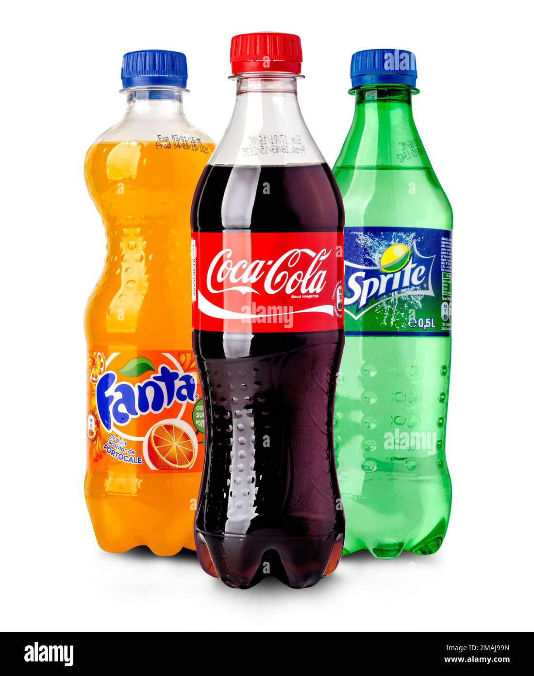 CHISINAU, MOLDAU- November14, 2015: Coca-Cola-, Fanta- und Sprite-Flaschen isoliert auf Weiß. Die drei von der Coca-Cola Company hergestellten Getränke Stockfoto