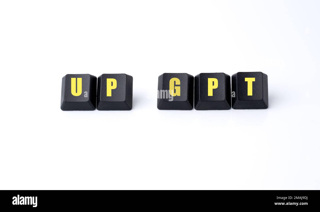 Auf der Tastatur steht "GPT hoch". „Up Gpt“-Aufschrift Auf Schlüsseln, Die Auf Weißem Hintergrund Isoliert Sind Stockfoto