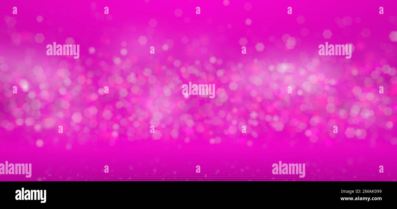 Unschärfe-Effekte schwebende Partikel im leeren Raum auf einer ausgekleideten Oberfläche vor einem magentafarbenen Hintergrund. Bokeh-Hintergrund. 3D Abbildung Stockfoto