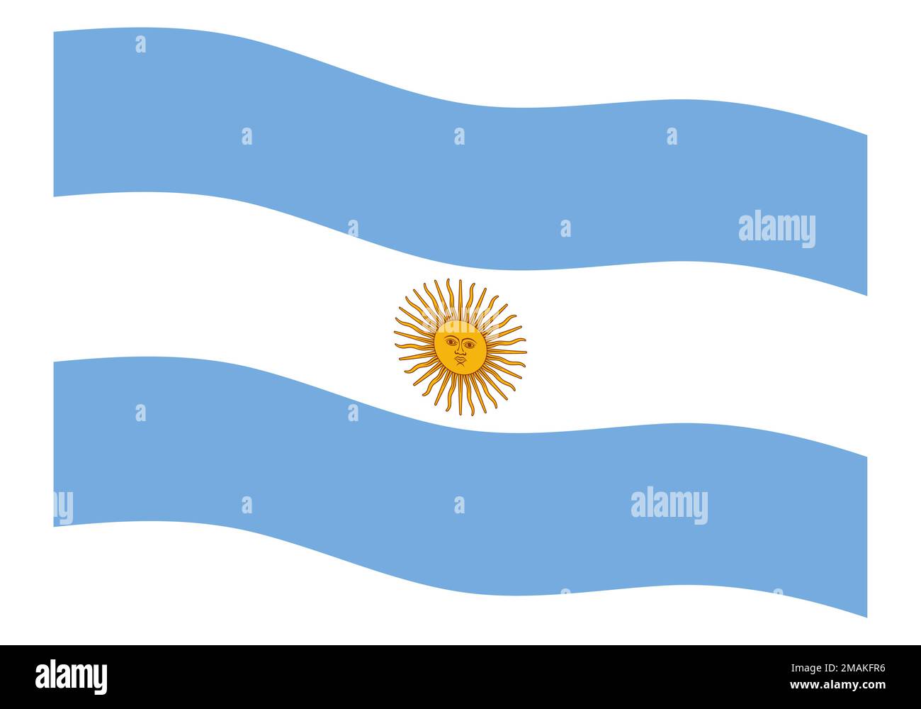 Die argentinische Flagge fliegt mit dem Symbol der Maisonne in der Mitte Stock Vektor