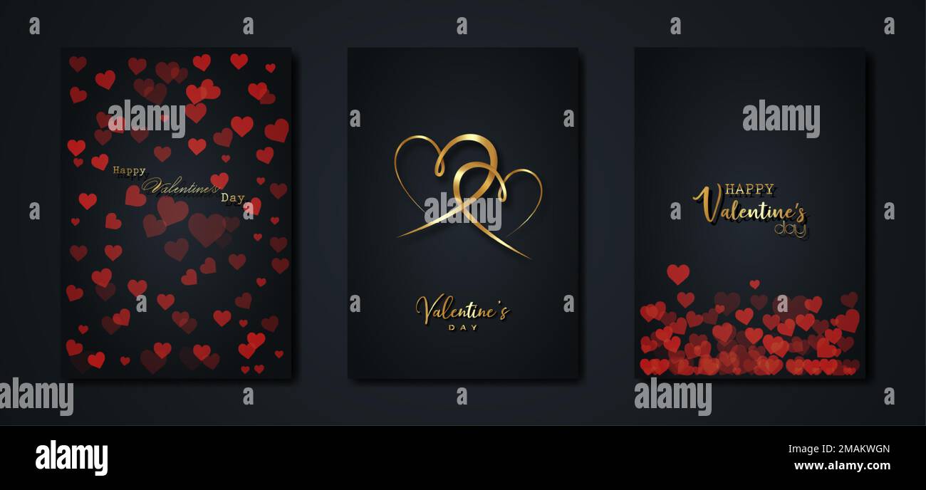 Glückwunschkarte zum Valentinstag. Goldrote Herzen auf schwarzem Hintergrund. Goldenes Weihnachtsposter mit Text, Juwelen. Konzept Valentinstag Stock Vektor