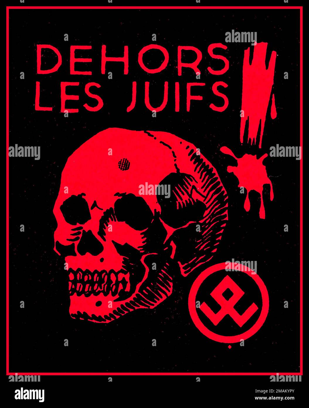 Die ANTIJÜDISCHEN PROPAGANDABETIKETTEN DER deutschen Nazi-Partei in Frankreich, den Niederlanden und Belgien „DEHORS LES JUIFS“ „OUT THE JEWS“ (antisemitische Propagandabetikzeichen der JUDEN) mit Symbolen in Verbindung mit der Volksverwering (oder Volkswering, Defense of the People), einer belgischen nationalistischen und antijüdischen Organisation, die in den späten 1930er und frühen 1940er Jahren aktiv war 1930 Text, der sich an Juden richtet, und das Bild eines menschlichen Schädels neben dem Symbol der Organisation, einer umkreisten Othala-Rune. Die Nazis nahmen die Rune als Symbol an und benutzten sie als Insignien für zwei SS-Divisionen Stockfoto