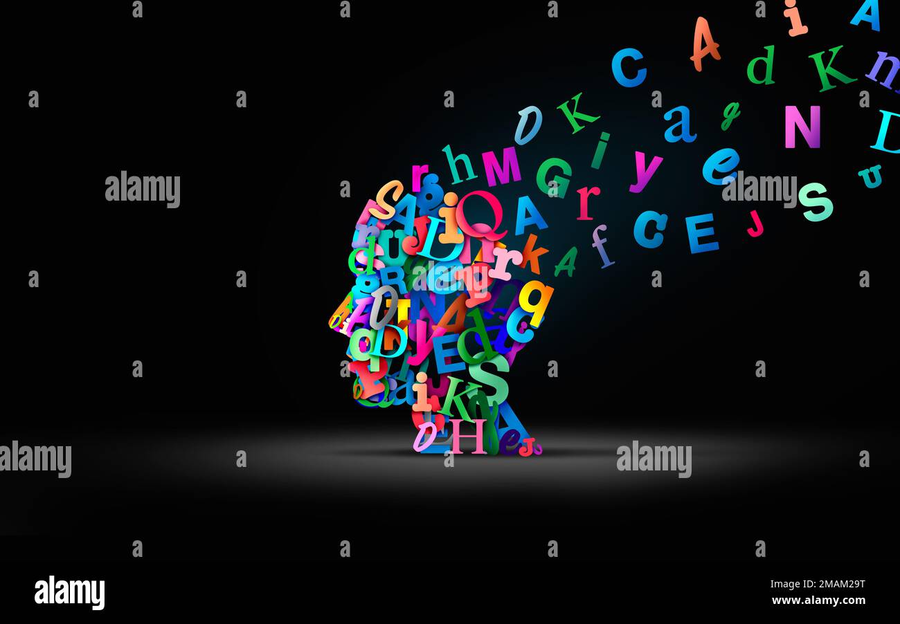 Leseverständnis und Lesen lernen oder Sprache sprechen und autistisches Spektrum oder Dyslexie-Syndrom-Konzept als menschlicher Kopf aus Alphabet Stockfoto