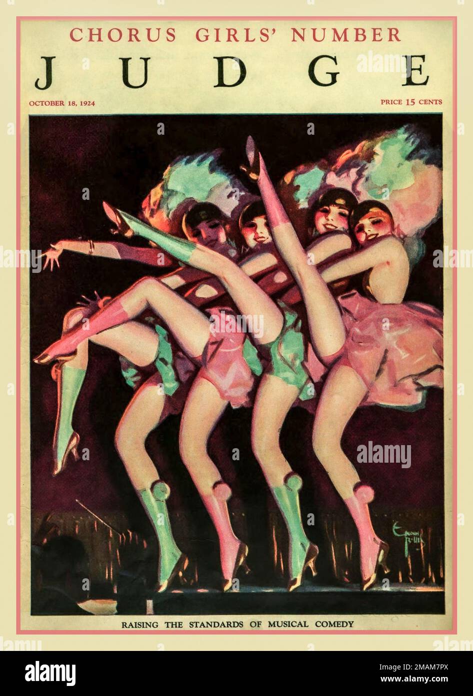 Vintage Chorus Girls Can-Can 1920er „Judge“ Magazine Cover America USA (18. Okt. 1924) Judge war ein wöchentliches Satirical Magazine, das von 1881 bis 1947 in den USA veröffentlicht wurde. Es wurde von Künstlern ins Leben gerufen, die sich von ihrem Rivalen Puck abgewandt hatten. Zu den Gründern zählten der Zeichentrickfilm James Albert Wales, der Dime-Romanverleger Frank Tousey und der Autor George H. Jessop. Stockfoto