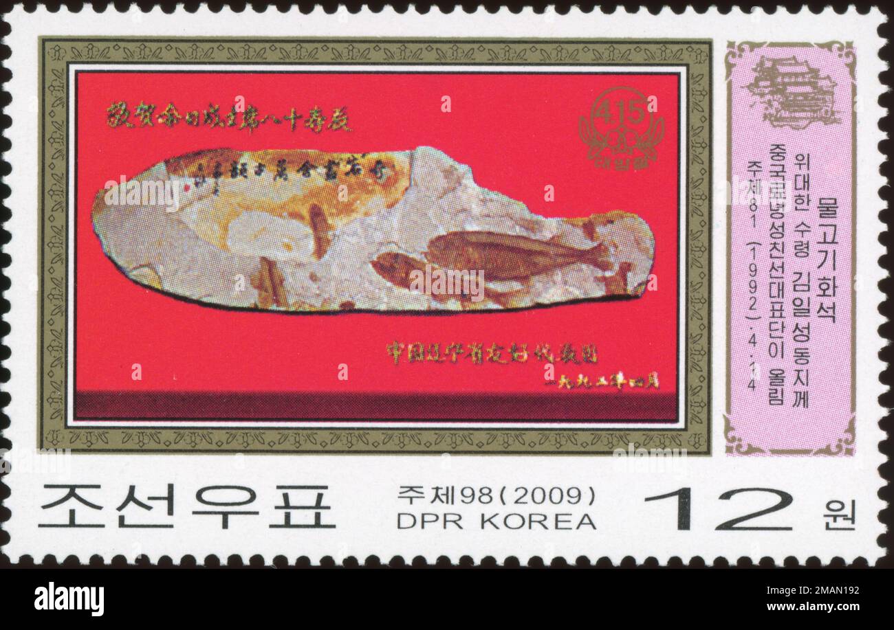 2009 Nordkorea Stempelsatz. Zum 97. Geburtstag von Kim Il Sung, Geburtstagsgeschenke. Fischfossil durch Delegation der Provinz Liaoning, China Stockfoto