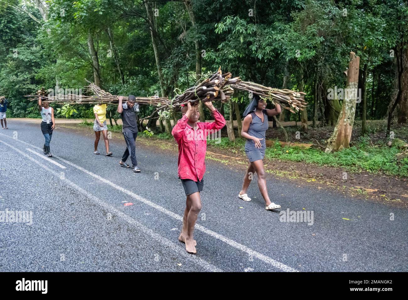 Junge Mädchen und Jungen, die Stäbchen über dem Kopf tragen. KwaZulu Natal, Südafrika. Stockfoto