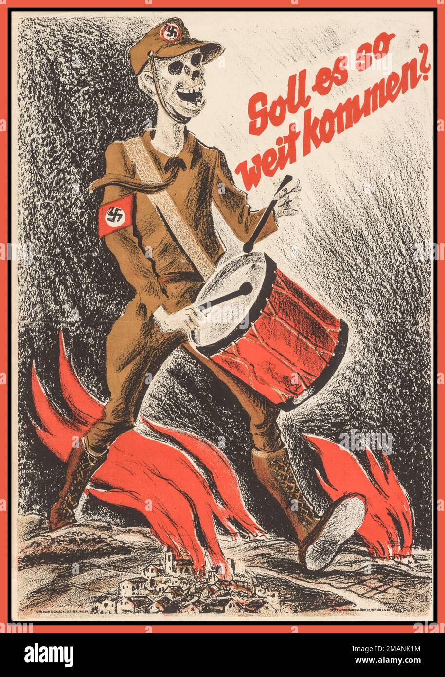 Anti-Nazi Sturmabteilung Propaganda SPD Poster "Soll es so weit kommen" "sollte es dazu kommen?" Wurde am 27. Mai 1932 beim hessischen Polizeiamt eingereicht. Sie sollte im Wahlkampf für den hessischen Staat verwendet werden nach dem Aufstieg der Nazi-Partei an die Macht war die SPD die einzige im Reichstag anwesende Partei, die gegen das Ermächtigungsgesetz von 1933 stimmte; die SPD wurde anschließend verboten und operierte im Exil als Sopade. 1932 Nazideutschland Stockfoto