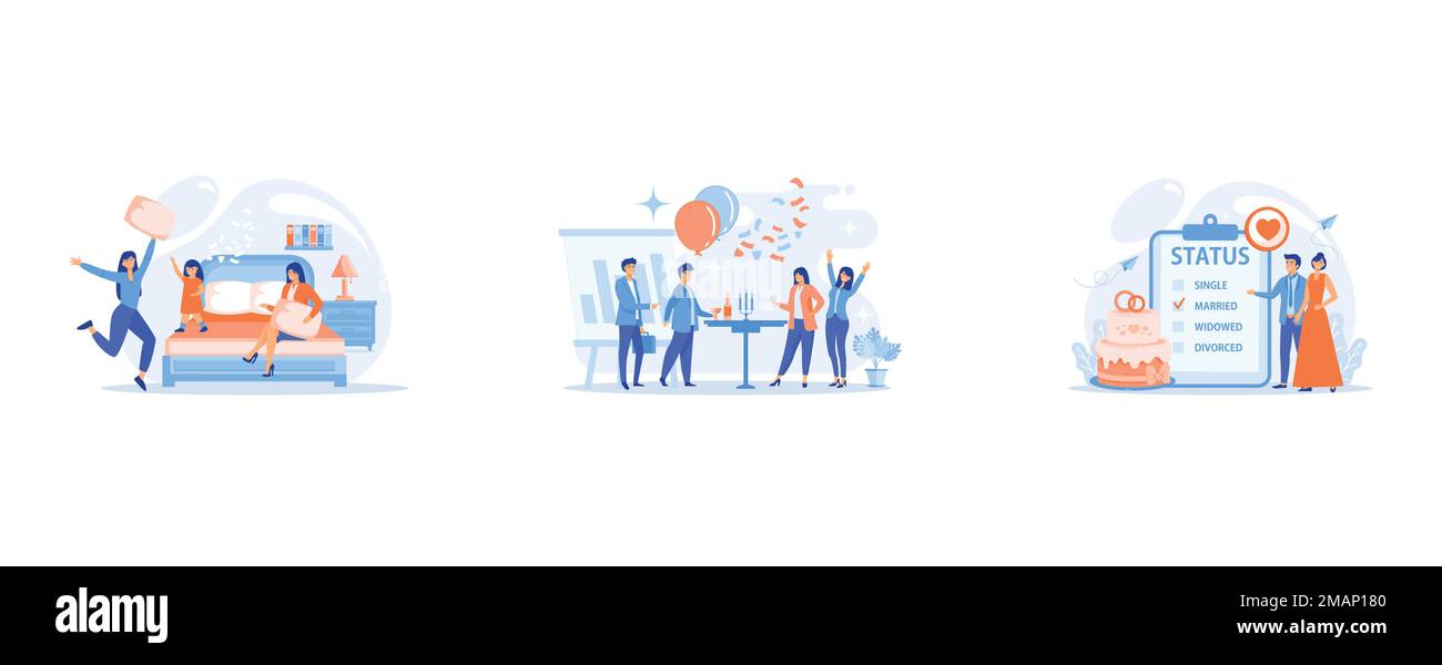 Glückliche, winzige Leute, weibliche Teenager Kissen kämpfen im Schlafzimmer auf der Pyjamaparty, glückliche winzige Geschäftsleute tanzen, haben Spaß und trinken Wein, verheiratet Cou Stock Vektor