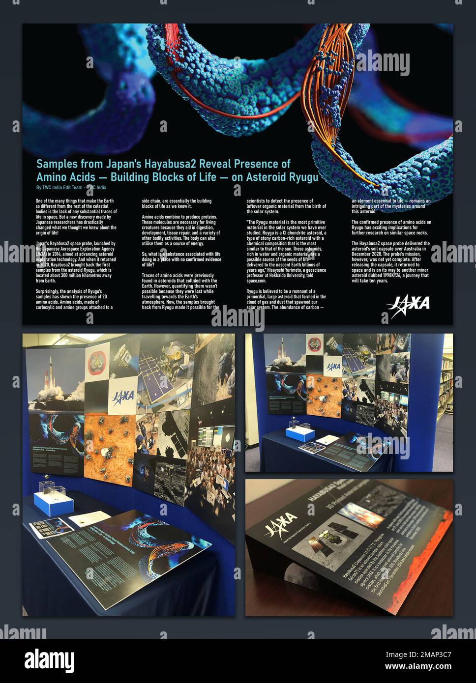 Layout und Bibliotheksanzeige der japanischen Agentur für Luft- und Raumfahrtforschung (JAXA), die das Raumfahrzeugmodell JAXA Hayabusa2 und 3D gedruckte Asteroidproben präsentieren und die Entdeckung von Aminosäuren im Asteroiden hervorheben soll. Dies wurde im Juni 2022 in der Bibliothek von Camp Zama, Japan, ausgestellt. USA Armeediagramm(e) von Derek Mayhew. Stockfoto