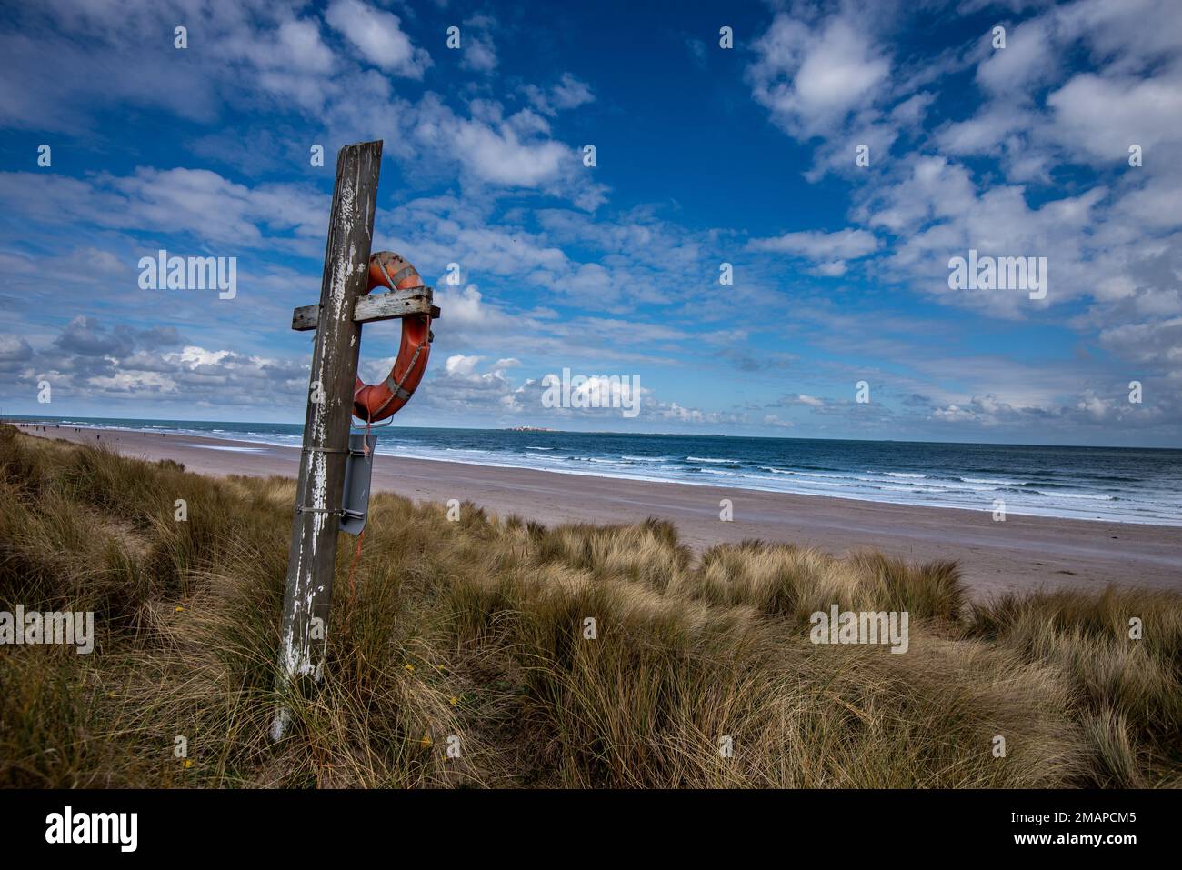 Lifebuoy mit Blick auf den Strand zwischen Seahouse und Bamburgh an der Northumberland Coast. Stockfoto