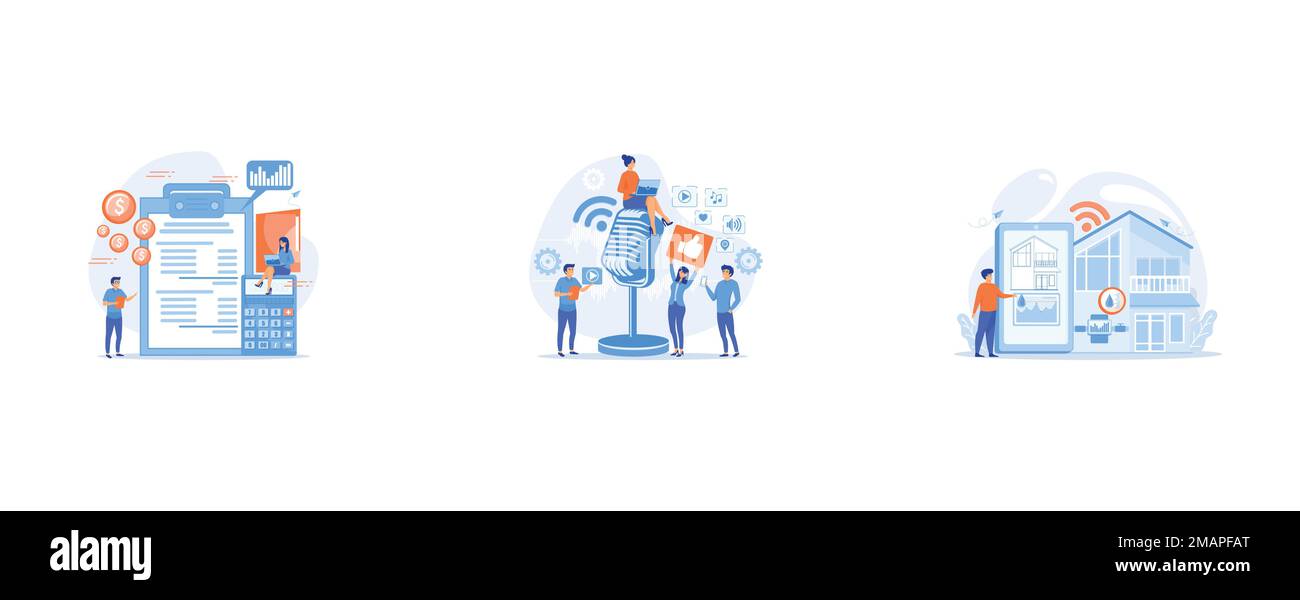 Finanzanalysten, die eine Erfolgsrechnung mit Taschenrechner und Laptop, Rundfunkstation, Smart Home, Hausautomatisierung, Set Flat Vector Modern illus erstellen Stock Vektor