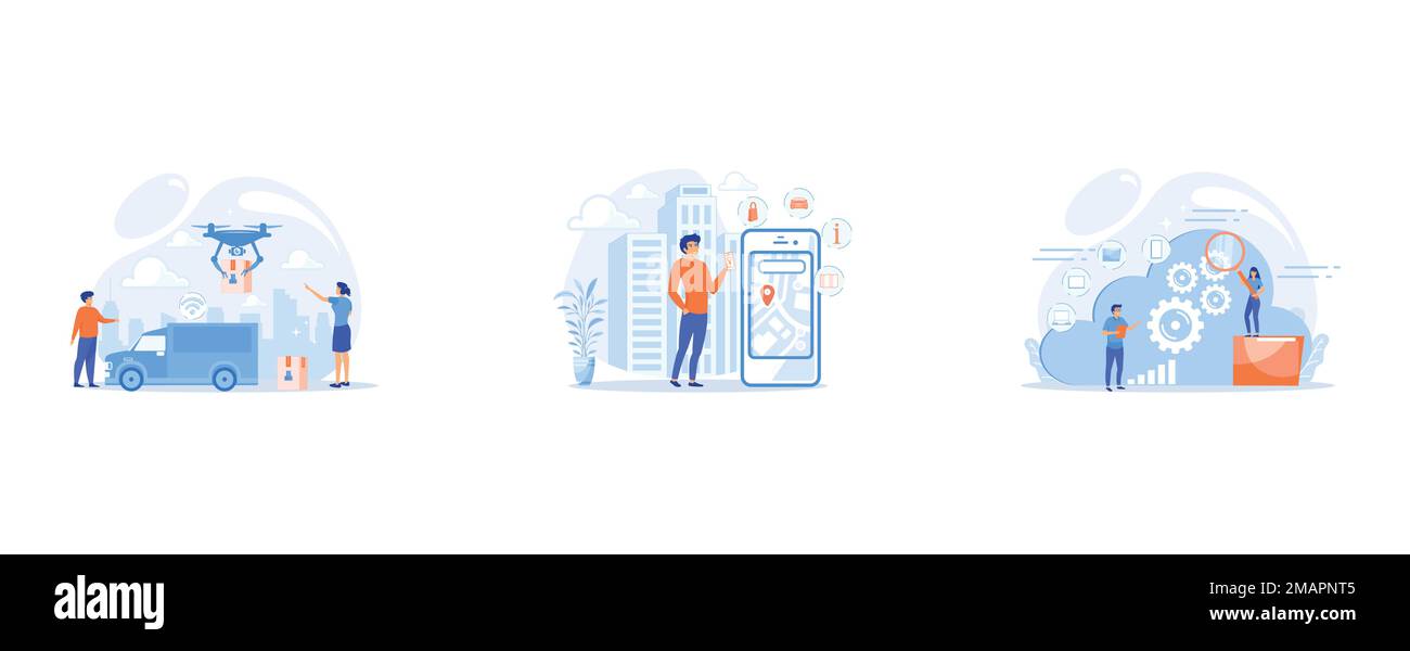 Autonomer Lieferwagen mit Sensoren und Drohne, der das Paket liefert, Ein Mann in der Nähe eines riesigen LCD-Bildschirms mit Stadtplan und gps-Tags auf dem Bildschirm, der Informationen erhält Stock Vektor