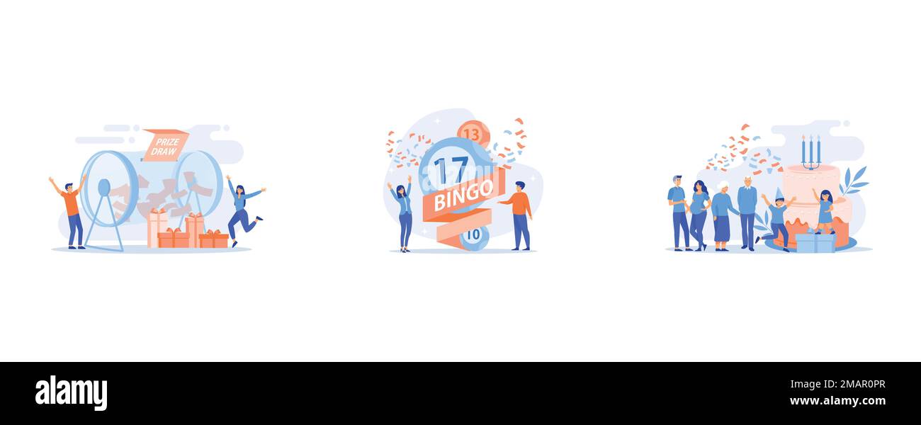 Glückliche, kleine Leute, die mit Tickets und prämierten Geschenkboxen die Lotterietrommel drehen, Geschäftsleute und Frauen und Bingo-Lotteriebälle mit Glücksbetäubung Stock Vektor