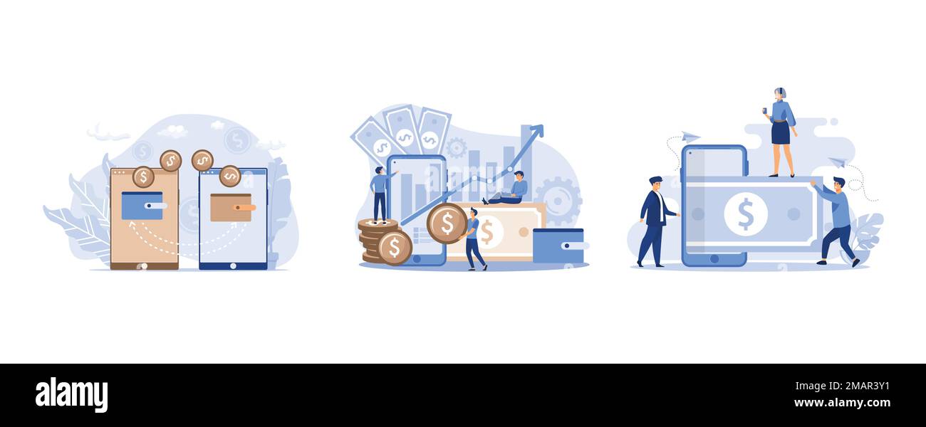 Finanztransaktionen, bargeldlose Zahlungstransaktionen, virtueller Geschäftsassistent, Online-Geld, flacher Vektor, moderne Illustration Stock Vektor