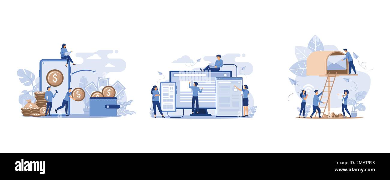Finanztransaktionen, bargeldlose Zahlungstransaktionen, Ein Team von Mitarbeitern entwickelt eine Website, indem sie diese mit Funktionen füllt, Mailbox mit Brief in e Stock Vektor