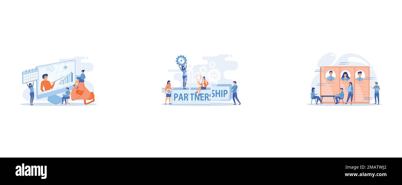 Infografiken, Statistikdiagramme und Diagramme Visualisierung, Partnerschaft und Vereinbarung, Zusammenarbeit und Teamarbeit, Konzept von Geschäftspartnern, Personalbeschaffung Stock Vektor