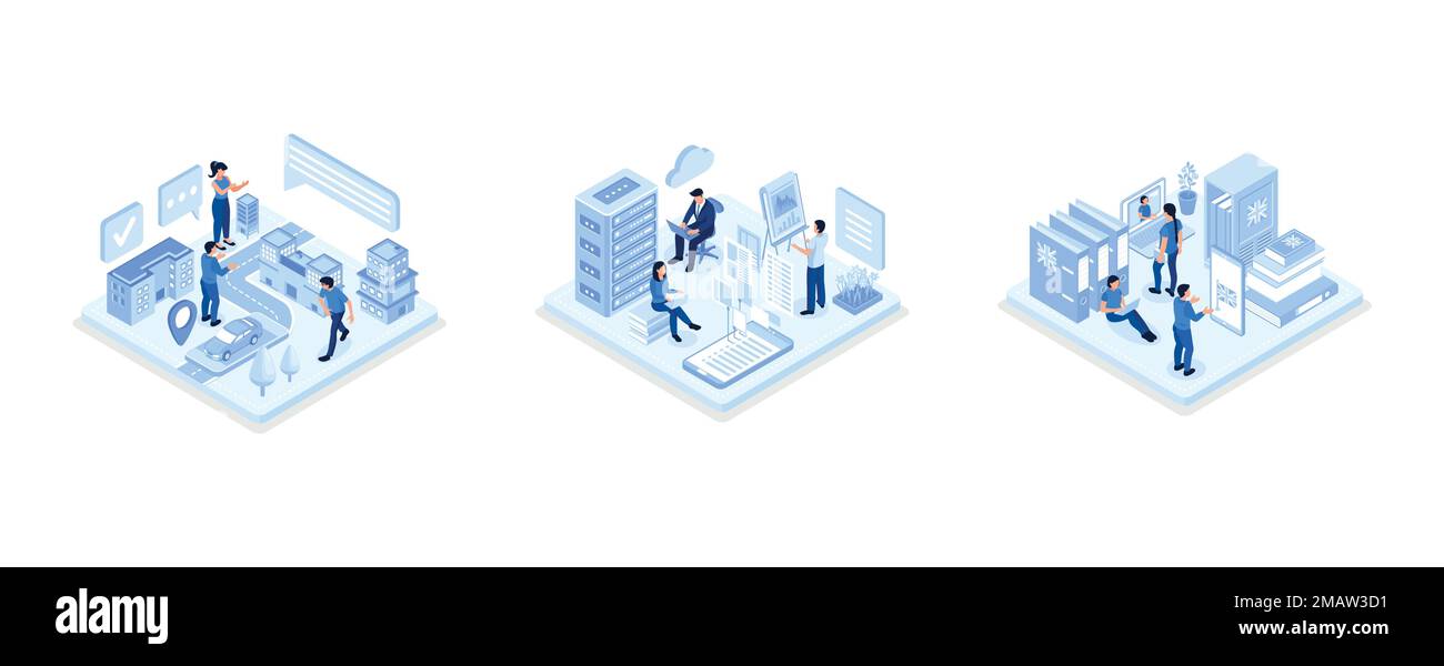 Car-Sharing-Konzept, Data Center-Konzept mit Charakter, Schüler lernen Englisch online, isometrische Vektordarstellung Stock Vektor