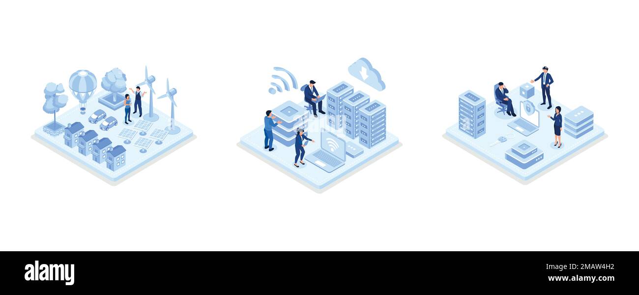 Modernes, grünes Stadtzentrum mit Privathäusern, Solarenergieanlagen, Windmühlen und Elektroautos, Charakterüberwachung, Big-Data-Speicher verbunden mit C Stock Vektor