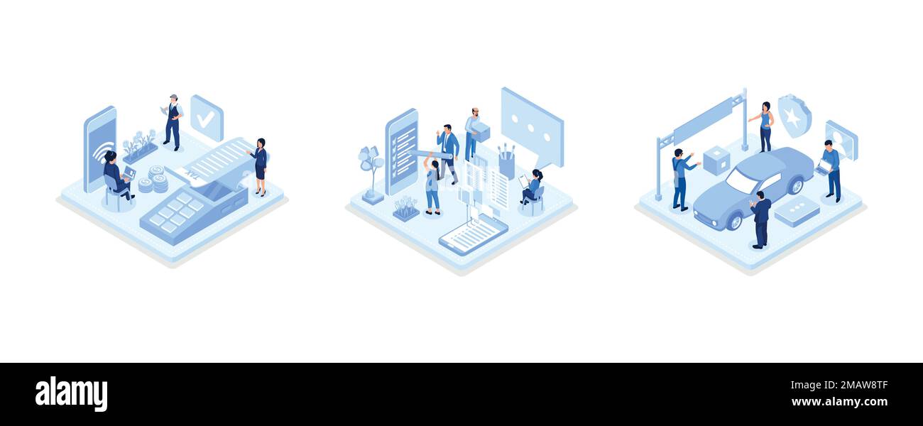 Drahtlose und kontaktlose Zahlungsmethode, „People Character Holding“-Stift und „Putting Check Mark on Checklist on Smartphone“, „man Character Standing nea“ Stock Vektor