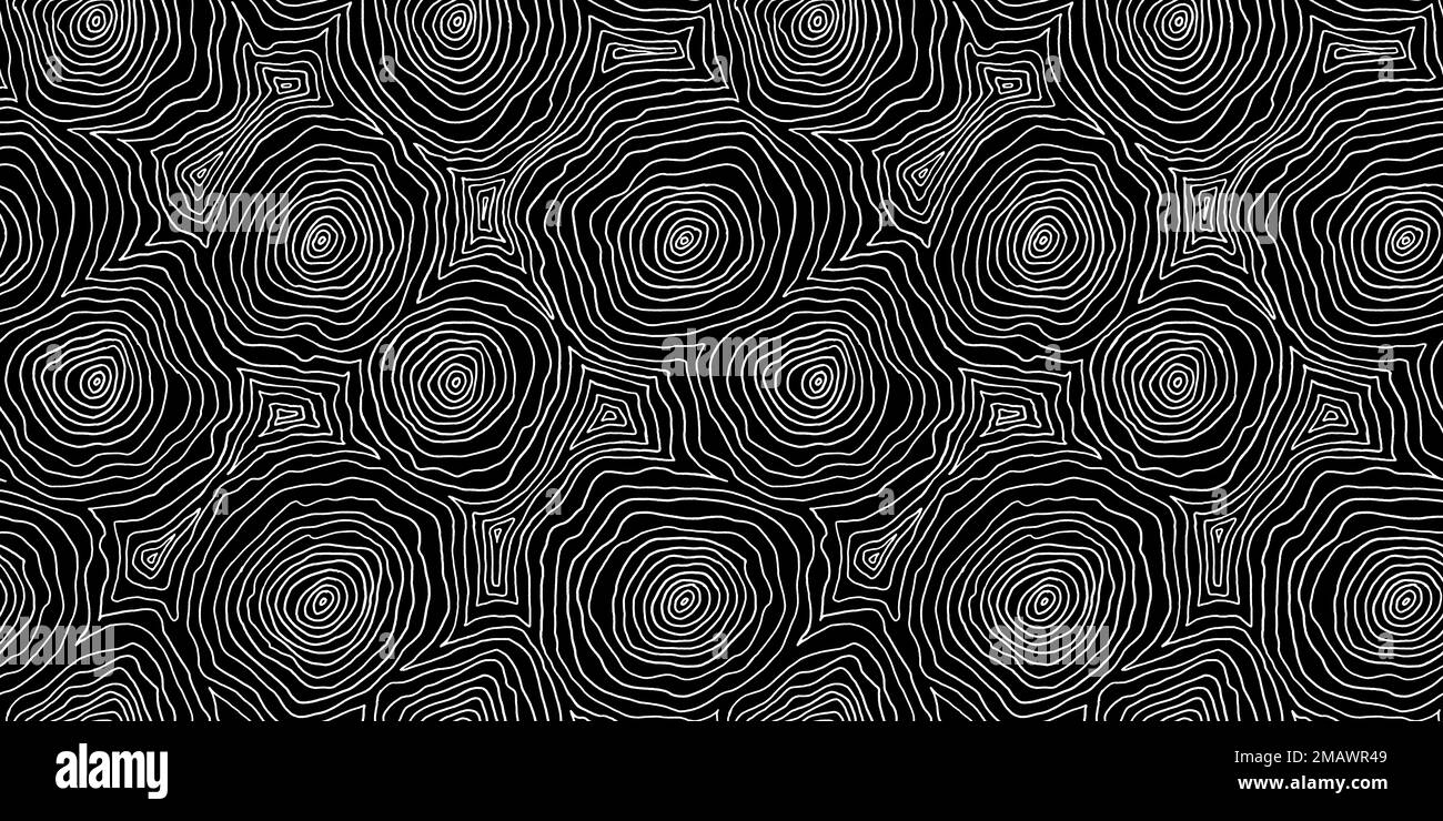 Nahtlos handgezeichnetes topografisches Kartenmuster aus dünnen weißen Konturlinien oder Streifen auf schwarzem Hintergrund. Abstraktes Topologiemotiv oder Berglandschaft Stockfoto