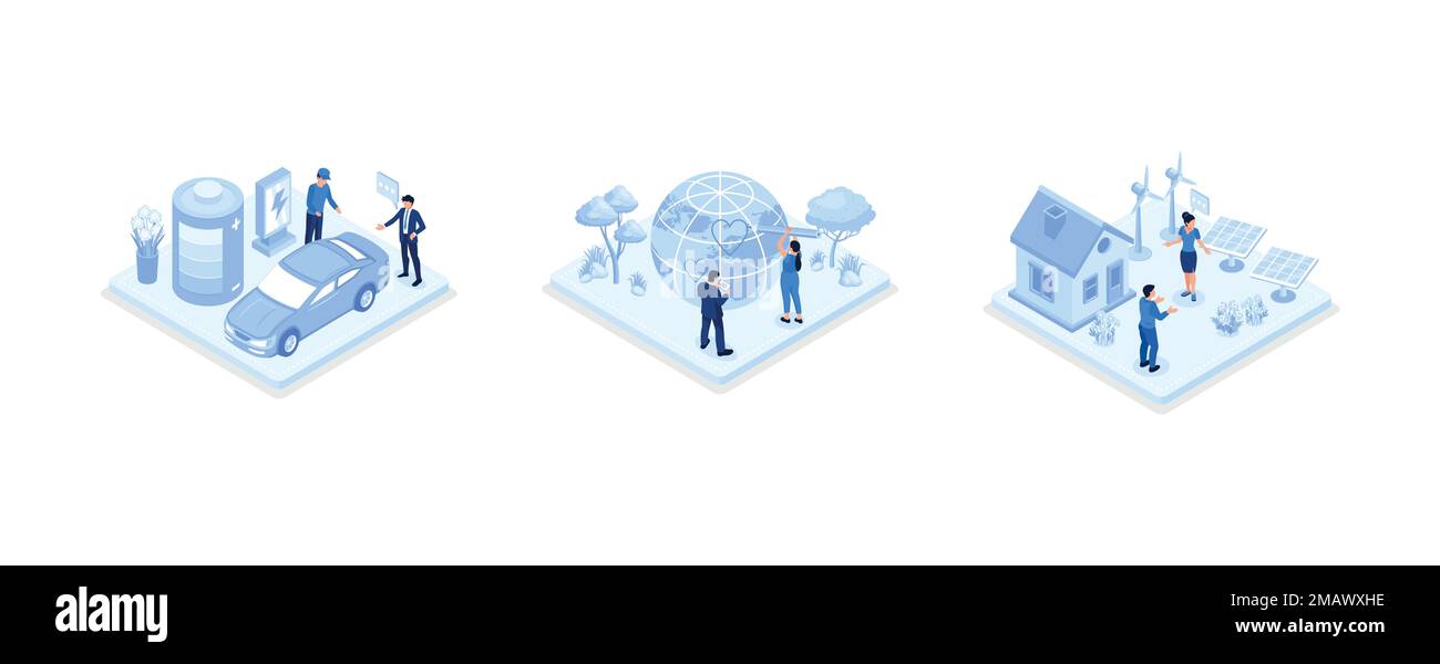 Zeichnungssatz für Nachhaltigkeit. Menschen, die versuchen, die Erde mit umweltfreundlichen Technologien zu retten. Haus mit Solarenergiekollektoren, Windmühlen und Elektrik Stock Vektor