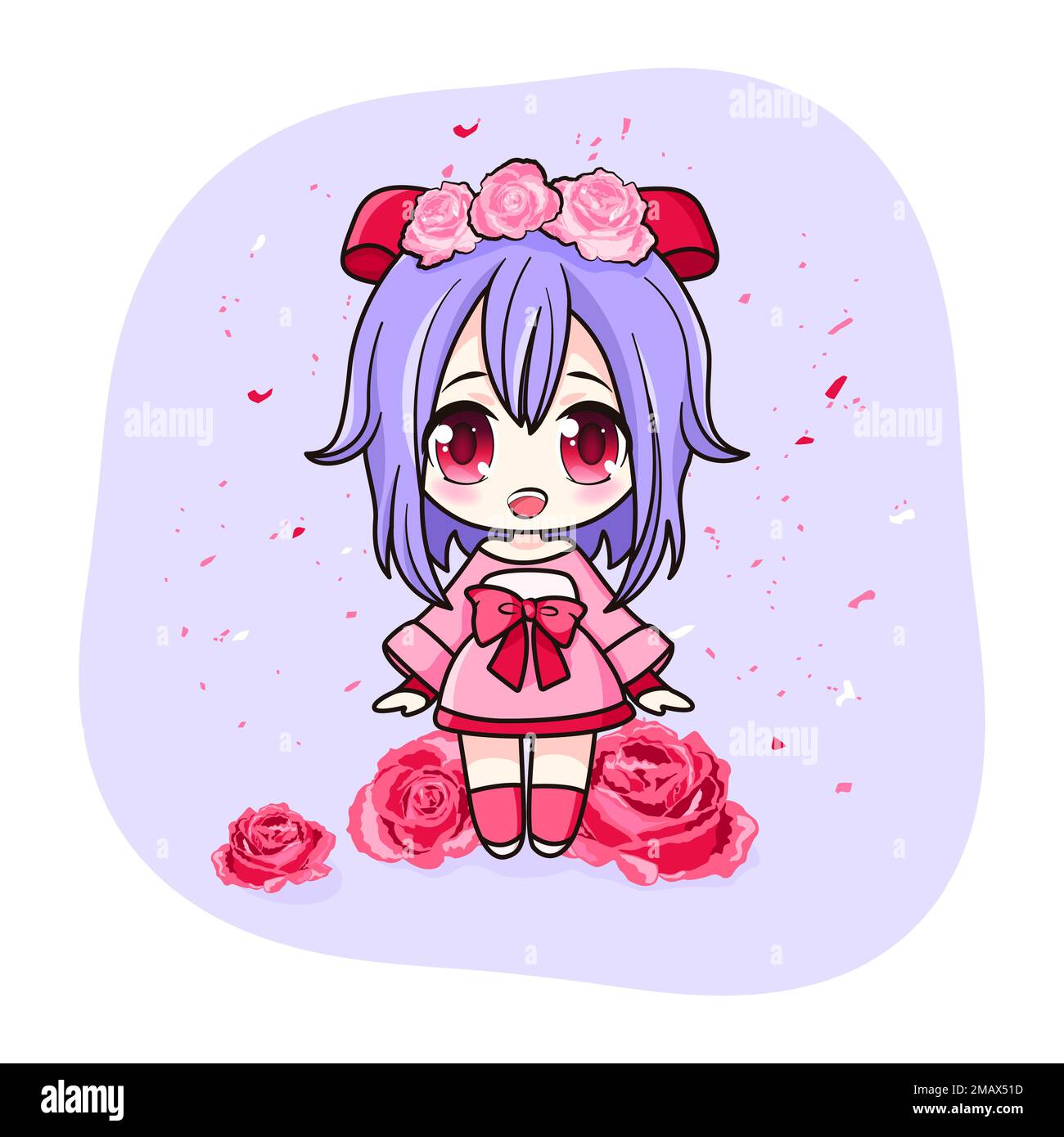Süßes Kawaii-Mädchen mit roten Rosen. Manga Chibi mit Blumen. Stock Vektor
