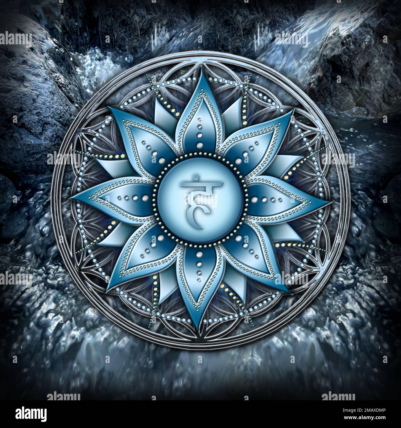 THROAT CHAKRA (5. Chakra, Vishuddha) im mystischen Hintergrund der Blume des Lebens. Stockfoto
