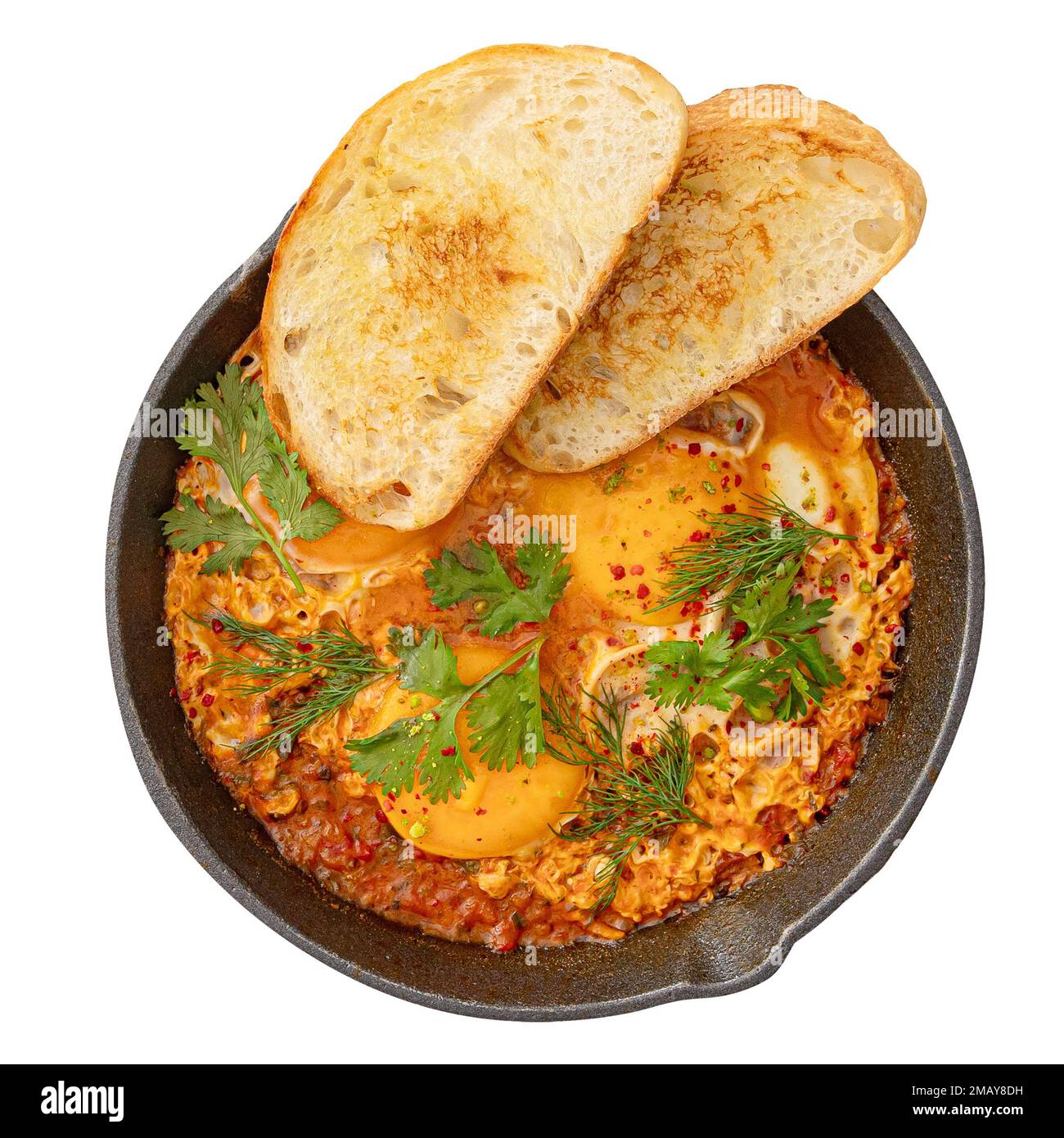 Pfanne mit Shakshuka-Gericht aus dem Nahen Osten Stockfoto