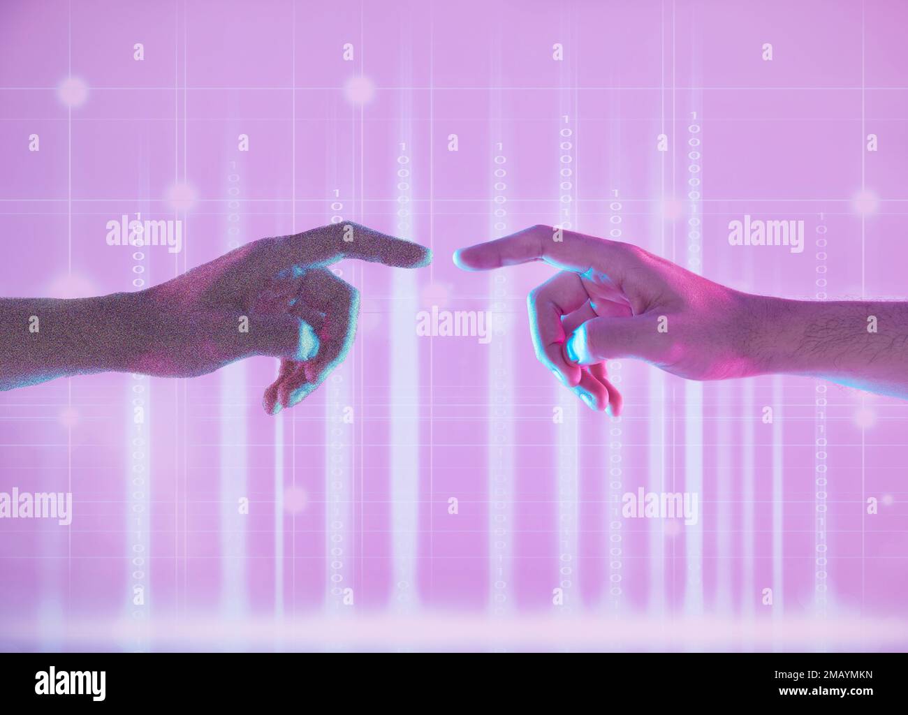 Metaverse, Berührungen und Hände von Menschen in der digitalen Welt für Verbindung, Kommunikation und soziale Netzwerke. Futuristisch, Neon und Finger für VR Stockfoto