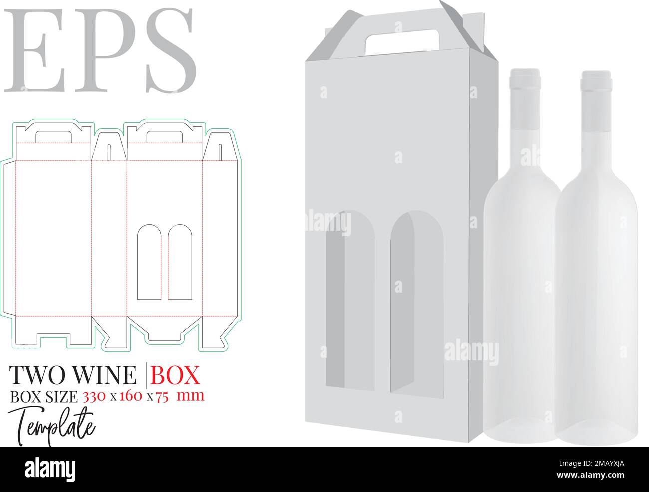 Weinkiste gestanzte Schablone, Vektor. Weißes, klares, leeres, isoliertes Modell aus zwei Flaschen auf weißem Hintergrund mit perspektivischer Darstellung. Verpackung Stock Vektor