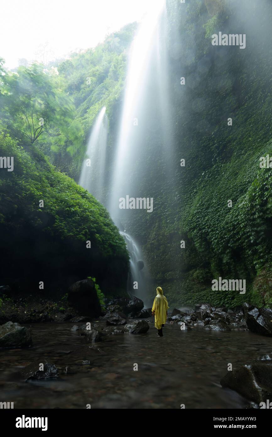 Ein Tourist mit gelbem Regenmantel bewundert die atemberaubenden Madikaripura-Wasserfälle. Stockfoto