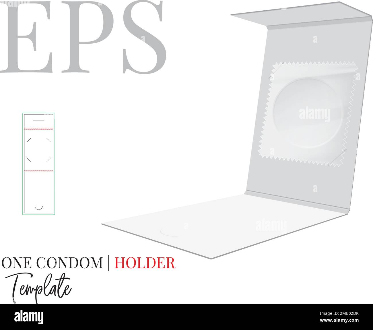 Kondomhalter gestanzte Schablone, Vektor. Weißes, leeres Kondomhaltermodell isoliert auf weißem Hintergrund. Verpackungsdesign. Stock Vektor