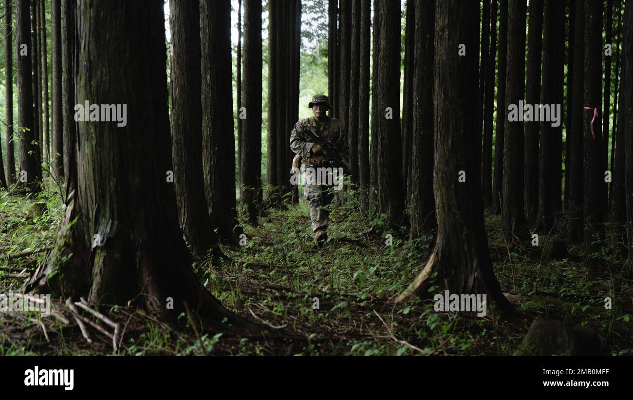 USA Marinekorps Sgt. Moises Teran, ein Spezialist für psychologische Operationen, dem 3D. Bataillon angeschlossen, 2D Marines, führt eine Patrouille während der Übung Shinka 22,1 im Combined Arms Training Center, Camp Fuji, Japan, am 9. Juni 2022 durch. Shinka ist ein Beispiel für ein gemeinsames Engagement für eine realistische Ausbildung, die tödliche, einsatzbereite und anpassungsfähige Kräfte hervorbringt, die in der Lage sind, dezentralisierte Operationen über ein breites Spektrum von Missionen hinweg durchzuführen. 3/2 ist im Indo-Pacific unter 4. Marines, 3D Marine Division im Rahmen des Unit Deployment Program vorwärtsstationiert. Teran stammt aus Antioch, Illinois. Stockfoto